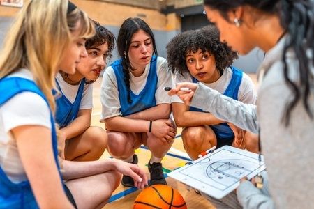 Ungdomsspelare lyssnar på tränare som visar en basketövning på tavla
